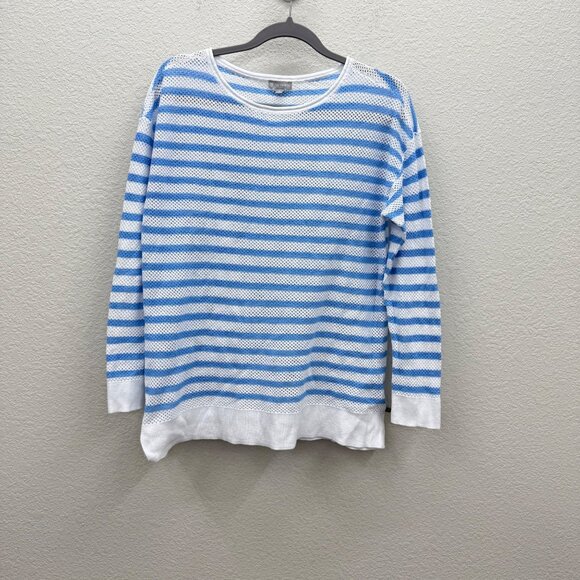 T by Talbots Blue White Stipe Open Knit Pullover Sweater Womens size Medium - Picture 1 of 7